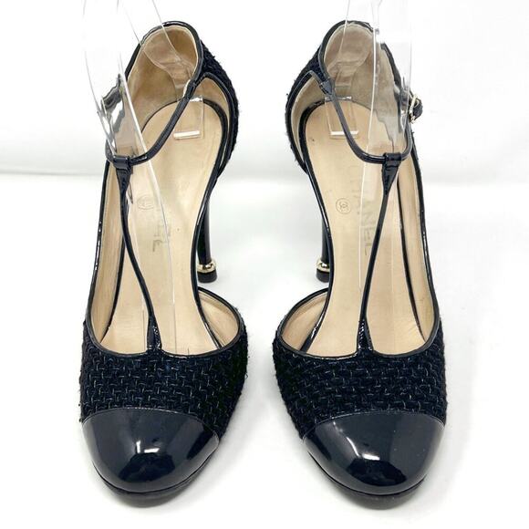 Chanel Black Cap-Toe Tweed T-Strap Mary Jane Pumps – Size 40 - Picture 2 of 11